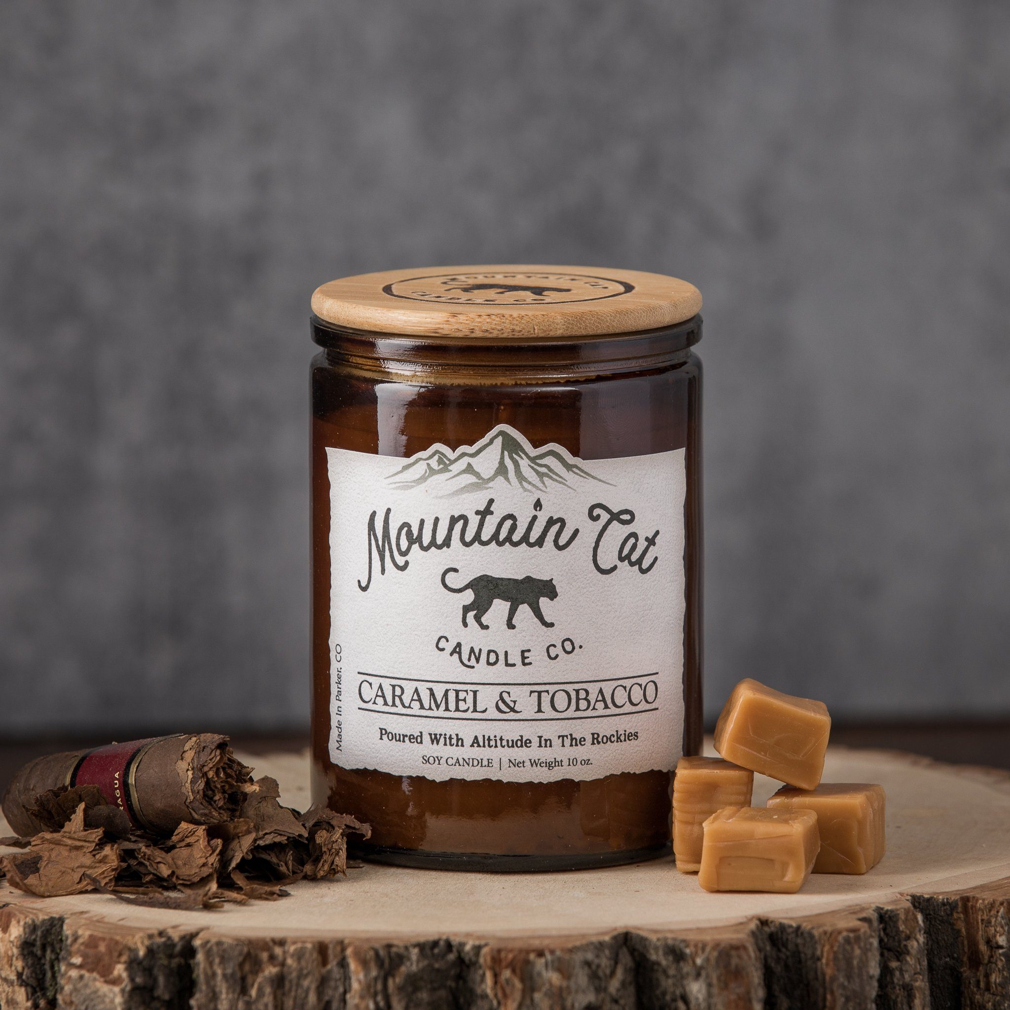 Caramel+Tobacco - Rustic Cabin Collection Candles Mountain Cat Candle Co Amber Jar with Bamboo Lid 