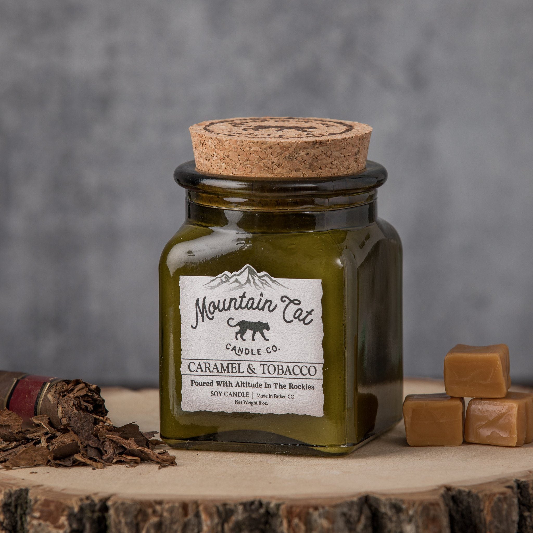 Caramel+Tobacco - Rustic Cabin Collection Candles Mountain Cat Candle Co Vintage Green Apothecary Jar with Cork Lid 