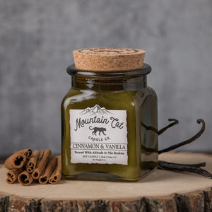 Cinnamon + Vanilla - Rustic Cabin Collection Candles Mountain Cat Candle Co Vintage Green Apothecary Jar with Cork Lid 