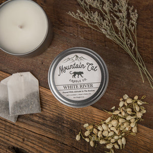 White River - Rustic Cabin Collection Mountain Cat Candle Co. Rugged Metal Tin 